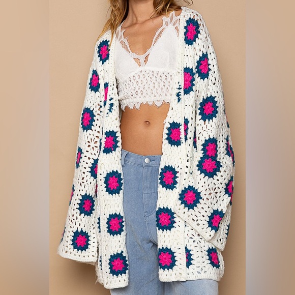 POL Sweaters - POL Crochet Open-Front Poncho Cardigan in White, Pink & Teal
